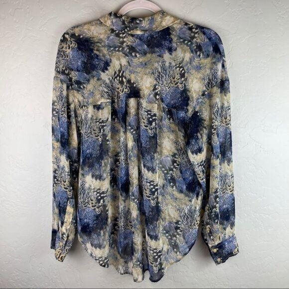 Free People Easy Rider Sheer Chiffon Button Down Blouse Cream and Blue Women's S - Picture 7 of 8